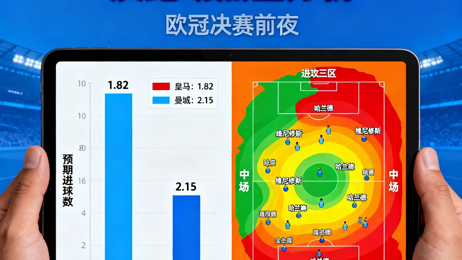 欧冠决赛前夜，懂球体育分析师展示皇马与曼城预期进球对比图，球员跑动热区分布